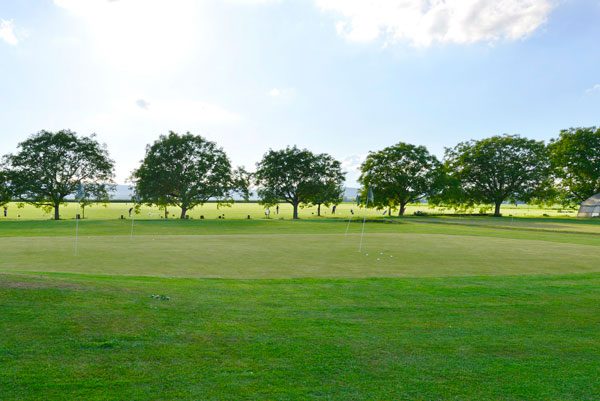 Golfplatz in Karben mit Golfbällen auf dem Rasen und vielen Bäumen aus der Ferne